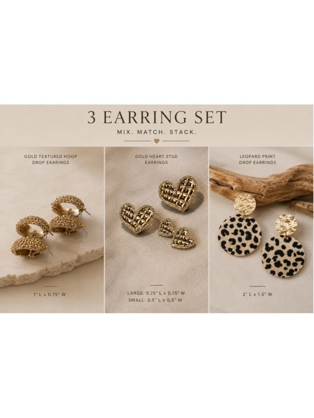 Set of 3 Boutique Statement Earrings Gold Hearts Hoops Leopard Print Dangle